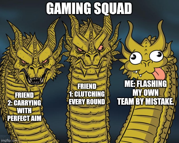 Relatable | GAMING SQUAD; ME: FLASHING MY OWN TEAM BY MISTAKE. FRIEND 1: CLUTCHING EVERY ROUND; FRIEND 2: CARRYING WITH PERFECT AIM | image tagged in three-headed dragon | made w/ Imgflip meme maker