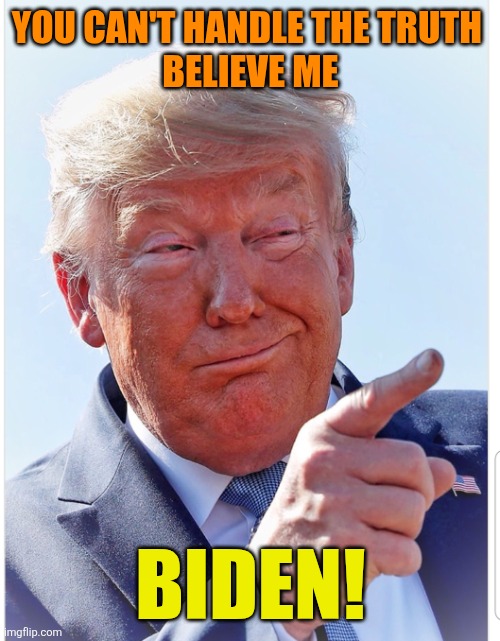 Trump pointing | YOU CAN'T HANDLE THE TRUTH 
BELIEVE ME BIDEN! | image tagged in trump pointing | made w/ Imgflip meme maker