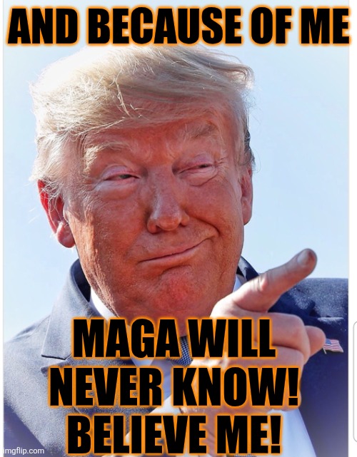 AND BECAUSE OF ME MAGA WILL NEVER KNOW!
BELIEVE ME! | image tagged in trump pointing | made w/ Imgflip meme maker