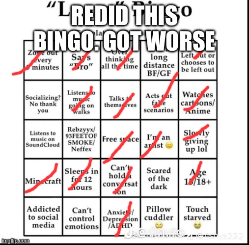 Bingo | REDID THIS BINGO. GOT WORSE | image tagged in loser bingo | made w/ Imgflip meme maker