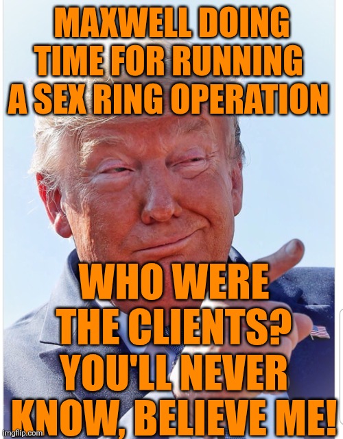 MAXWELL DOING TIME FOR RUNNING 
A SEX RING OPERATION WHO WERE THE CLIENTS?
YOU'LL NEVER KNOW, BELIEVE ME! | image tagged in trump pointing | made w/ Imgflip meme maker