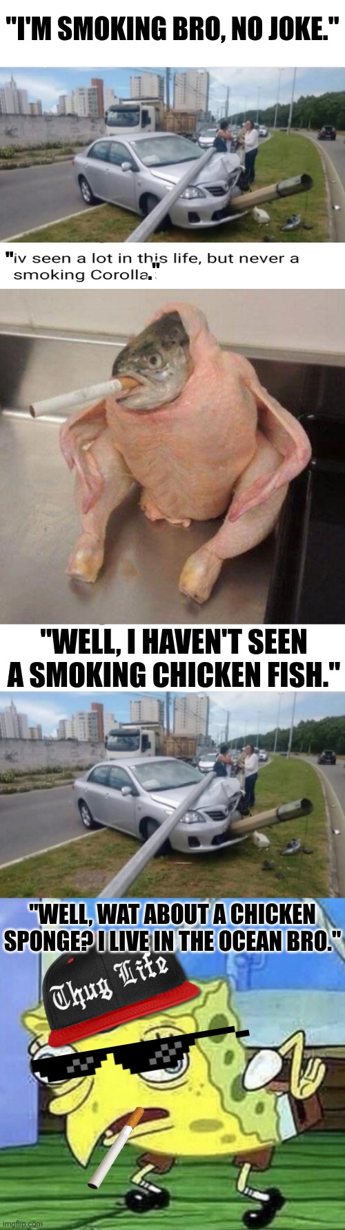 Why Bro | "I'M SMOKING BRO, NO JOKE."; "; ."; "WELL, I HAVEN'T SEEN A SMOKING CHICKEN FISH."; "WELL, WAT ABOUT A CHICKEN SPONGE? I LIVE IN THE OCEAN BRO." | image tagged in smoking fish chicken,spongebob chicken,memes,thug life,why,smoking | made w/ Imgflip meme maker