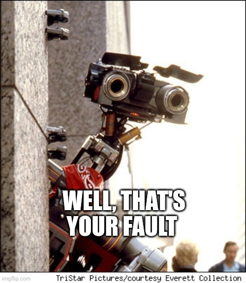 Johnny 5 Short Circuit | WELL, THAT'S YOUR FAULT | image tagged in johnny 5 short circuit | made w/ Imgflip meme maker