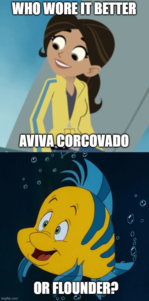 Who Wore It Better Wednesday #270 - Yellow with blue stripes | WHO WORE IT BETTER; AVIVA CORCOVADO; OR FLOUNDER? | image tagged in memes,who wore it better,wild kratts,the little mermaid,pbs kids,disney | made w/ Imgflip meme maker