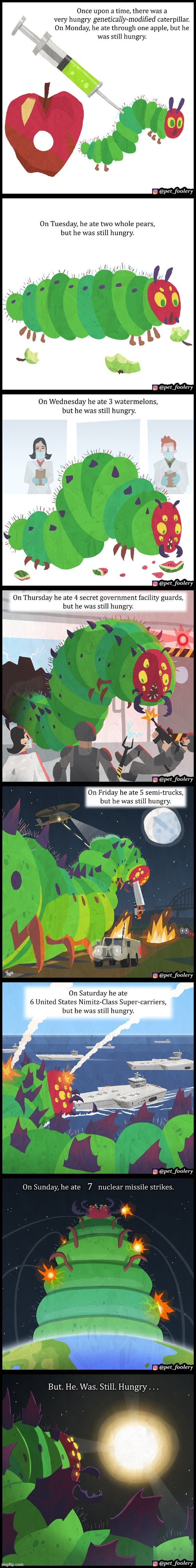 image tagged in the very hungry caterpillar,genetically modified,fruits,monster,sun,uh oh | made w/ Imgflip meme maker