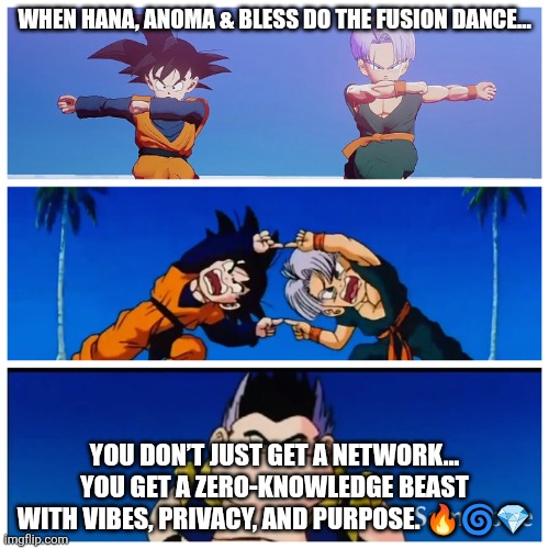 Fusion Dance | WHEN HANA, ANOMA & BLESS DO THE FUSION DANCE…; YOU DON’T JUST GET A NETWORK…
YOU GET A ZERO-KNOWLEDGE BEAST WITH VIBES, PRIVACY, AND PURPOSE. 🔥🌀💎 | image tagged in fusion dance | made w/ Imgflip meme maker