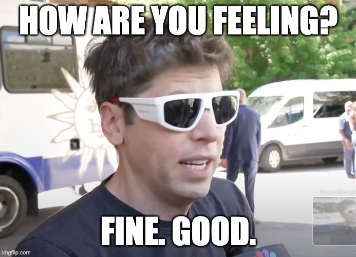 How are you feeling? 'Fine. Good.' | HOW ARE YOU FEELING? FINE. GOOD. | image tagged in openai,sam altman | made w/ Imgflip meme maker