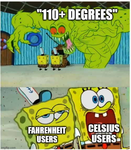 "110+ DEGREES" FAHRENHEIT USERS CELSIUS USERS | image tagged in spongebob squarepants scared but also not scared | made w/ Imgflip meme maker
