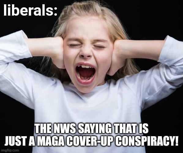 Cover ears, not listening | liberals: THE NWS SAYING THAT IS JUST A MAGA COVER-UP CONSPIRACY! | image tagged in cover ears not listening | made w/ Imgflip meme maker