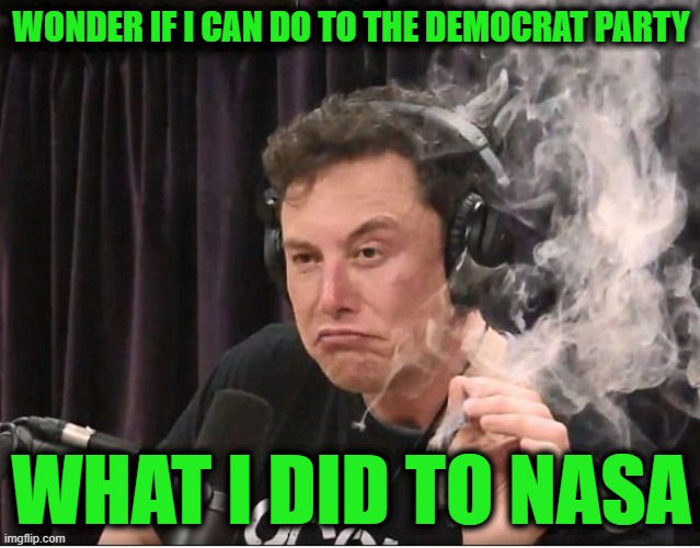 Elon Musk smoking a joint | WONDER IF I CAN DO TO THE DEMOCRAT PARTY; WHAT I DID TO NASA | image tagged in elon musk smoking a joint | made w/ Imgflip meme maker