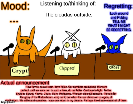 The dragon rises, alongside  the android, the fire, the plant, the God, the human, and all else. | The cicadas outside. Look around and f*cking TELL ME WHAT I MIGHT BE REGRETTING. ... How far we, as a stream, have fallen. Our numbers are halved. We were perfect, until we were not. In such a time, do not falter. Continue to fight. To live. System. Sprout. Vinwix. Chara. Flare. Multiverse. Whoever else still remains. Remain for the glory of the Understream, and, not if, but when the sun shines on us again, all shall return. We will mend ourselves. I saw one return in my dreams. Perhaps the dream meant all of them. | image tagged in dungeonkeeper announcement temp,sans of topic | made w/ Imgflip meme maker