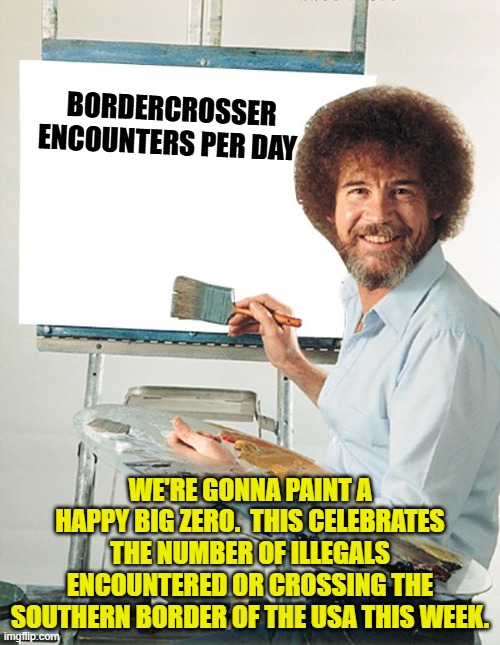 Bob Ross Blank Canvas | BORDERCROSSER ENCOUNTERS PER DAY; WE'RE GONNA PAINT A HAPPY BIG ZERO.  THIS CELEBRATES THE NUMBER OF ILLEGALS ENCOUNTERED OR CROSSING THE SOUTHERN BORDER OF THE USA THIS WEEK. | image tagged in bob ross blank canvas | made w/ Imgflip meme maker