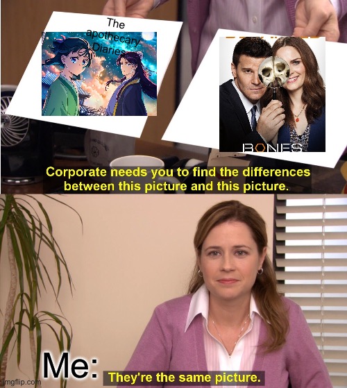 They are the same. | The apothecary Diaries; Me: | image tagged in memes,they're the same picture | made w/ Imgflip meme maker