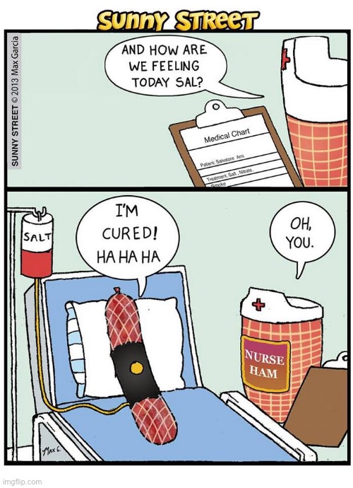 The patient’s name is Sal, Sal Ami… | image tagged in comics,sunny street,hospital,salami and ham | made w/ Imgflip meme maker
