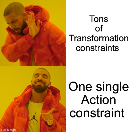 Blender Bone Constraint Meme | Tons of Transformation constraints; One single Action constraint | image tagged in memes,drake hotline bling | made w/ Imgflip meme maker