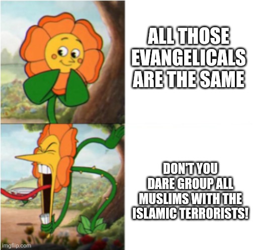 reverse cuphead flower | ALL THOSE EVANGELICALS ARE THE SAME DON'T YOU DARE GROUP ALL MUSLIMS WITH THE ISLAMIC TERRORISTS! | image tagged in reverse cuphead flower | made w/ Imgflip meme maker
