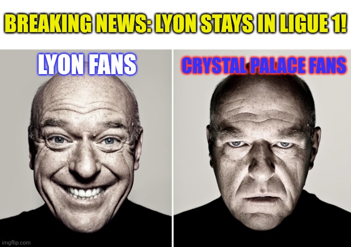THEY HAVE DONE IT. LYON HAS WON THE APPEAL AND STAYS AT LIGUE 1 MCDONALD'S | BREAKING NEWS: LYON STAYS IN LIGUE 1! LYON FANS; CRYSTAL PALACE FANS | image tagged in dean norris's reaction,lyon,ligue 1,football,soccer,memes | made w/ Imgflip meme maker