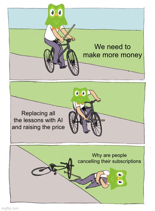 Bike Fall | We need to make more money; Replacing all the lessons with AI and raising the price; Why are people cancelling their subscriptions | image tagged in memes,bike fall | made w/ Imgflip meme maker