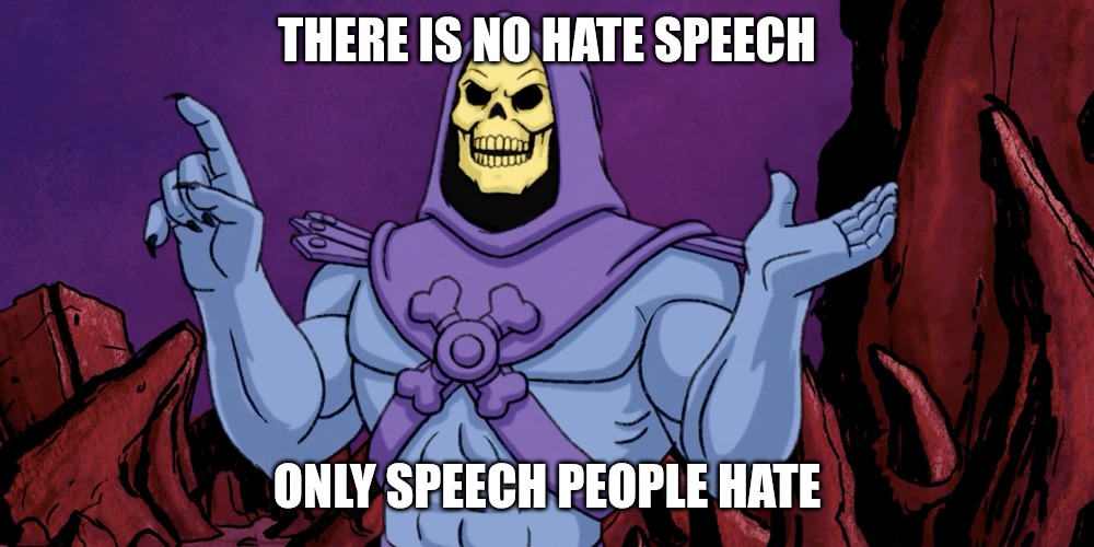 There is no hate speech. | THERE IS NO HATE SPEECH; ONLY SPEECH PEOPLE HATE | image tagged in skeletor making a point,hate speech,first amendment,freedom of speech | made w/ Imgflip meme maker