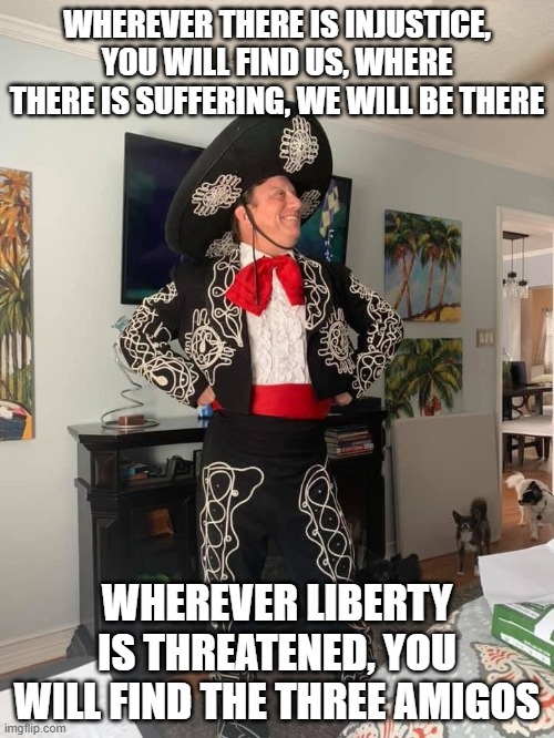 The Three Amigos | WHEREVER THERE IS INJUSTICE, YOU WILL FIND US, WHERE THERE IS SUFFERING, WE WILL BE THERE; WHEREVER LIBERTY IS THREATENED, YOU WILL FIND THE THREE AMIGOS | image tagged in funny | made w/ Imgflip meme maker