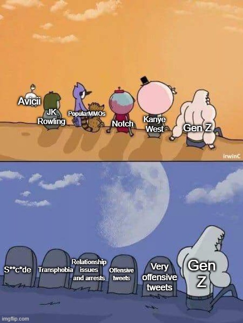 Childhood legends who lost everything | PopularMMOs; Avicii; JK Rowling; Gen Z; Kanye West; Notch; Transphobia; Relationship issues and arrests; Offensive tweets; Gen Z; Very offensive tweets; S**c*de | image tagged in regular show graves,gen z,pop culture,cancel culture,sad,life | made w/ Imgflip meme maker