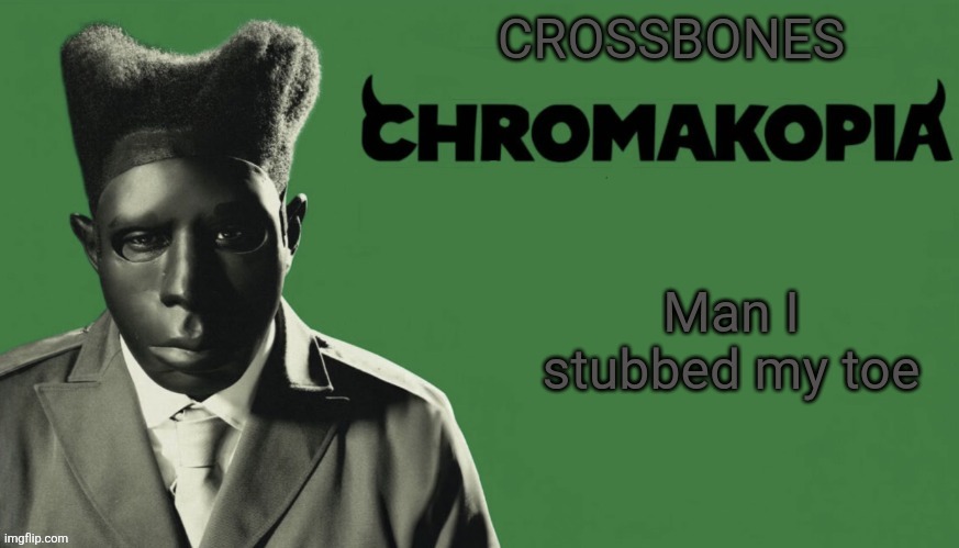 Crossbones chromakopia temp | Man I stubbed my toe | image tagged in crossbones chromakopia temp | made w/ Imgflip meme maker