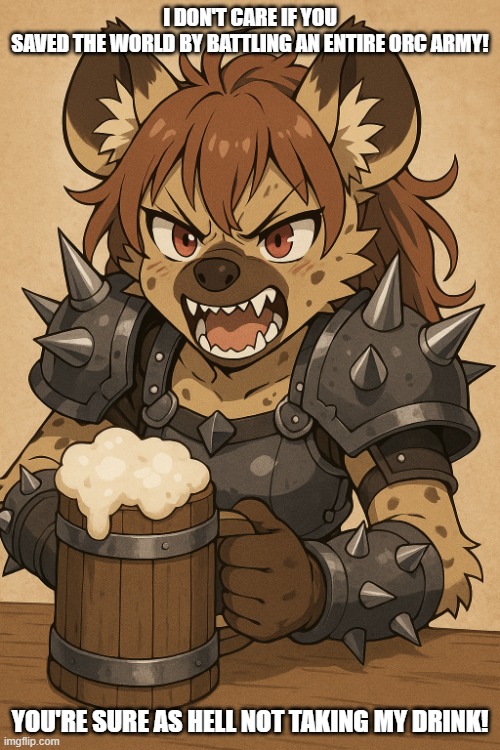 Gnoll girl protecting her drink | I DON'T CARE IF YOU SAVED THE WORLD BY BATTLING AN ENTIRE ORC ARMY! YOU'RE SURE AS HELL NOT TAKING MY DRINK! | image tagged in gnoll girl protecting her drink | made w/ Imgflip meme maker