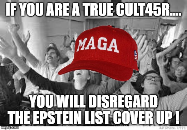 TRUE MAGA | IF YOU ARE A TRUE CULT45R.... YOU WILL DISREGARD THE EPSTEIN LIST COVER UP ! | image tagged in maga,conservative,trump,nevertrump,jeffrey epstein,epstein | made w/ Imgflip meme maker