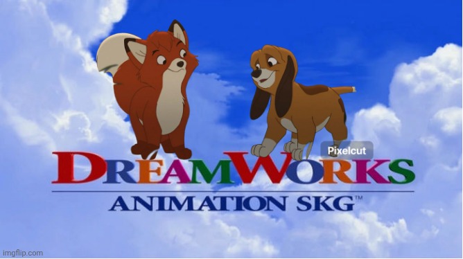 Tod And Copper In DreamWorks Animation Logo | image tagged in the fox and the hound,the fox and the hound 2,fox,dogs,dreamworks,disney | made w/ Imgflip meme maker