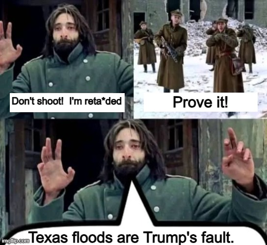 Don't shoot I'm X - Prove it | Prove it! Don't shoot!  I'm reta*ded; Texas floods are Trump's fault. | image tagged in don't shoot i'm x - prove it | made w/ Imgflip meme maker