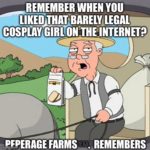 Legal Cosplay | REMEMBER WHEN YOU LIKED THAT BARELY LEGAL COSPLAY GIRL ON THE INTERNET? PEPERAGE FARMS™️.  REMEMBERS | image tagged in memes,pepperidge farm remembers,do,you,remember | made w/ Imgflip meme maker