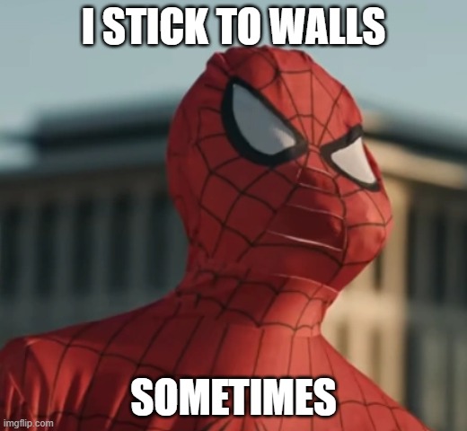 Spooder man | I STICK TO WALLS; SOMETIMES | image tagged in funny,dumb | made w/ Imgflip meme maker