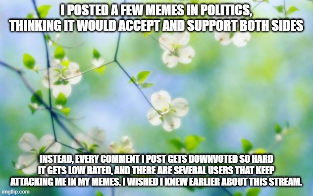 there are some guys going after every meme i post... | I POSTED A FEW MEMES IN POLITICS, THINKING IT WOULD ACCEPT AND SUPPORT BOTH SIDES; INSTEAD, EVERY COMMENT I POST GETS DOWNVOTED SO HARD IT GETS LOW RATED, AND THERE ARE SEVERAL USERS THAT KEEP ATTACKING ME IN MY MEMES. I WISHED I KNEW EARLIER ABOUT THIS STREAM. | image tagged in flowers | made w/ Imgflip meme maker