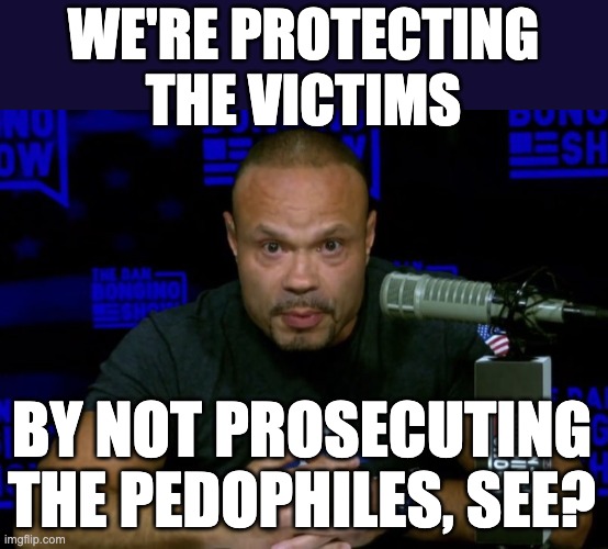 Dan Bongino knows... | WE'RE PROTECTING
THE VICTIMS; BY NOT PROSECUTING
THE PEDOPHILES, SEE? | image tagged in dan bongino knows | made w/ Imgflip meme maker