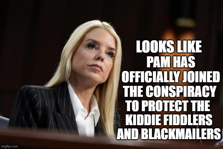 Conspiracy to protect fiddlers and blackmailers | LOOKS LIKE; PAM HAS OFFICIALLY JOINED THE CONSPIRACY; TO PROTECT THE 
KIDDIE FIDDLERS
AND BLACKMAILERS | image tagged in pam bondi,conspiracy,kiddie fiddlers,blackmailers | made w/ Imgflip meme maker