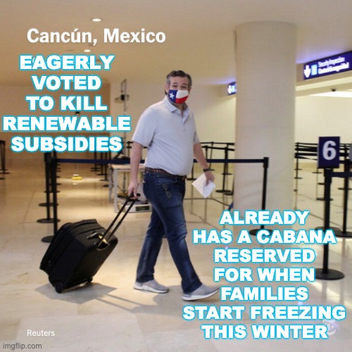 Ted Cruz Cancun | EAGERLY VOTED TO KILL RENEWABLE SUBSIDIES ALREADY HAS A CABANA RESERVED FOR WHEN FAMILIES START FREEZING THIS WINTER | image tagged in ted cruz cancun | made w/ Imgflip meme maker