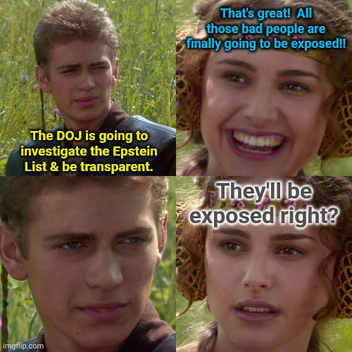 Anakin Padme 4 Panel | That's great!  All those bad people are finally going to be exposed!! The DOJ is going to investigate the Epstein List & be transparent. They'll be exposed right? | image tagged in anakin padme 4 panel | made w/ Imgflip meme maker