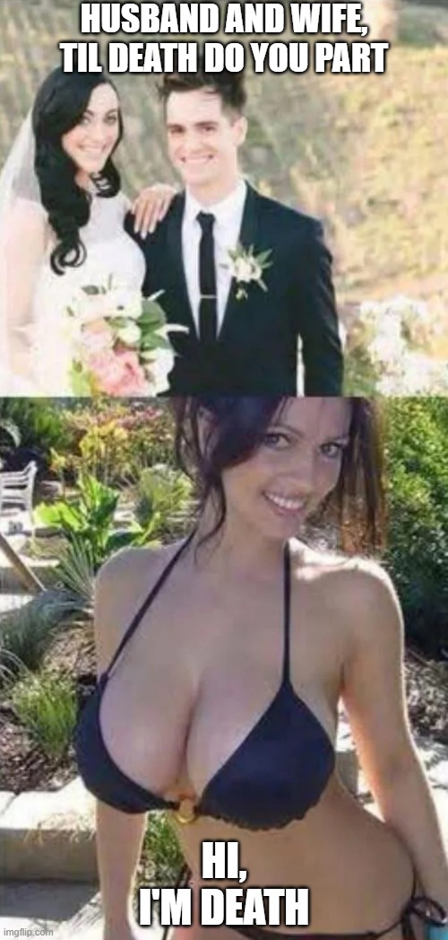 Til Death | HUSBAND AND WIFE, TIL DEATH DO YOU PART; HI, I'M DEATH | image tagged in sex jokes | made w/ Imgflip meme maker