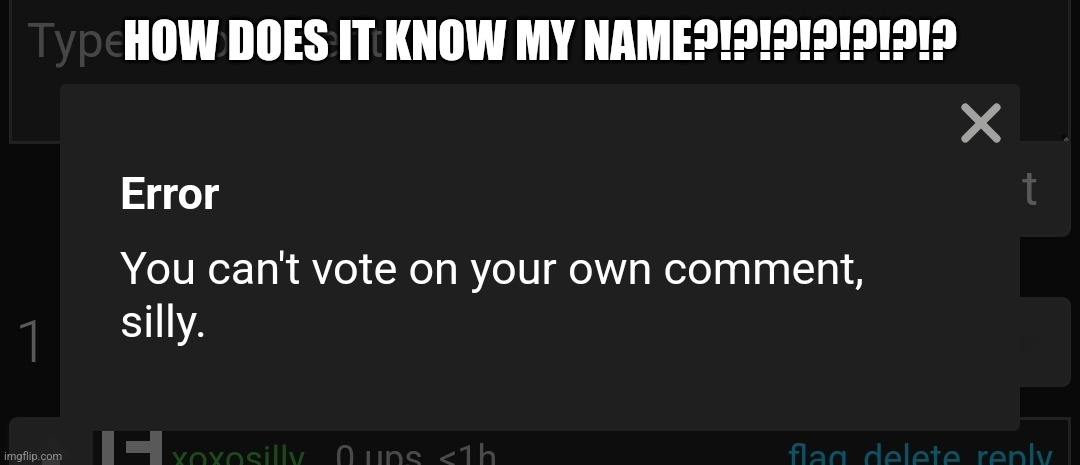 (I also go by silly sometimes) | HOW DOES IT KNOW MY NAME?!?!?!?!?!?!? | image tagged in whar the fuq | made w/ Imgflip meme maker