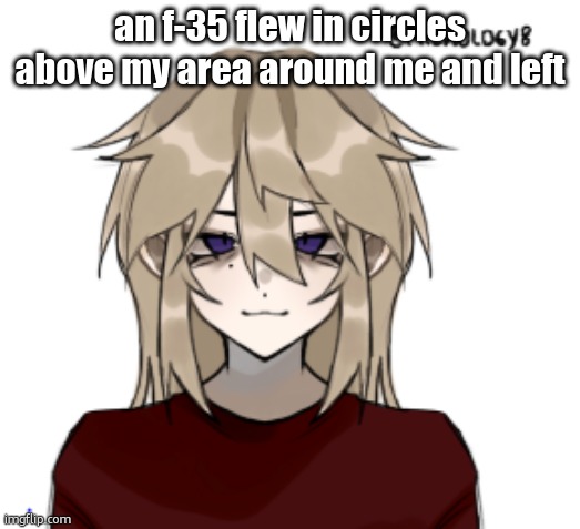i hear it coming back | an f-35 flew in circles above my area around me and left | image tagged in stardust picrew | made w/ Imgflip meme maker