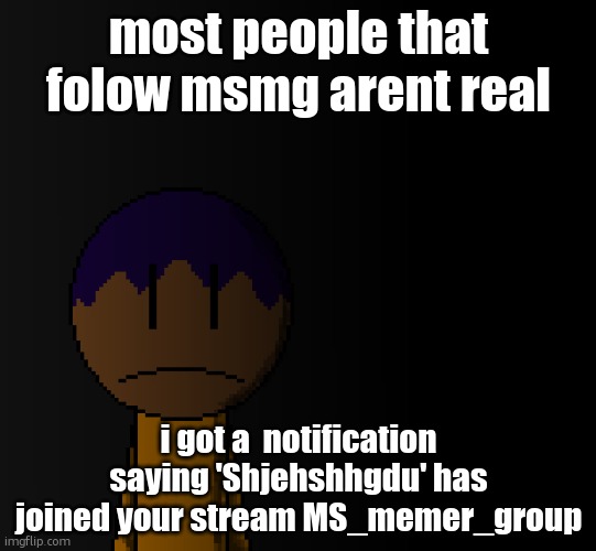 the username is gibberish | most people that folow msmg arent real; i got a  notification saying 'Shjehshhgdu' has joined your stream MS_memer_group | image tagged in brother | made w/ Imgflip meme maker
