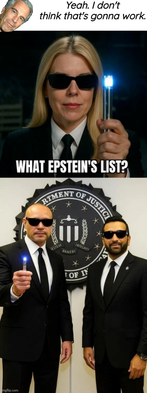Epstein list and Mrn in Black | Yeah. I don't think that's gonna work. | image tagged in blank white template,mib,epstein | made w/ Imgflip meme maker