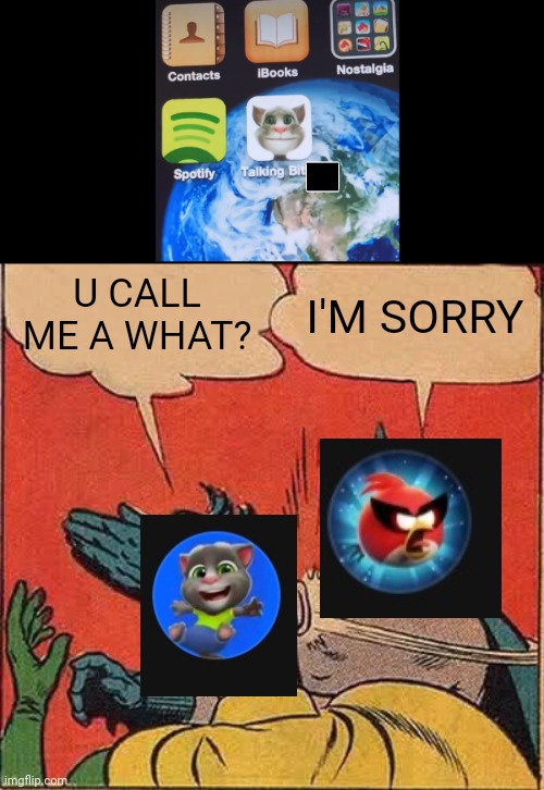 I don't know what to do in my life by posting ts to fun | U CALL ME A WHAT? I'M SORRY | image tagged in memes,batman slapping robin,talking tom | made w/ Imgflip meme maker