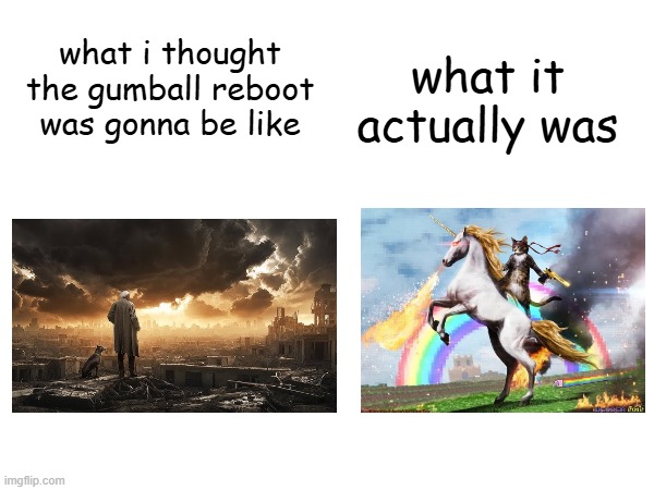 i feel like i'm the only one who thought the gumball reboot was gonna be a darker, grittier post apocalyptic retooling | what it actually was; what i thought the gumball reboot was gonna be like | image tagged in the amazing world of gumball,reboot,expectation vs reality | made w/ Imgflip meme maker