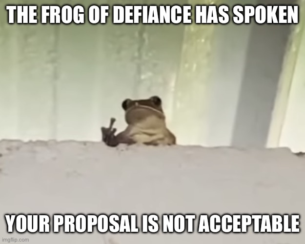 Frog of Defiance | THE FROG OF DEFIANCE HAS SPOKEN; YOUR PROPOSAL IS NOT ACCEPTABLE | image tagged in frog of defiance | made w/ Imgflip meme maker