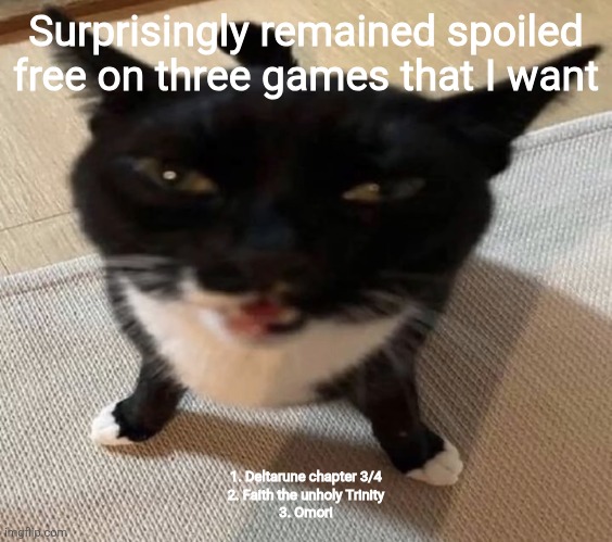 Cat of anger | Surprisingly remained spoiled free on three games that I want; 1. Deltarune chapter 3/4
2. Faith the unholy Trinity
3. Omori | image tagged in cat of anger | made w/ Imgflip meme maker
