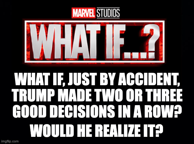 Black background | WHAT IF, JUST BY ACCIDENT,
TRUMP MADE TWO OR THREE
GOOD DECISIONS IN A ROW? WOULD HE REALIZE IT? | image tagged in black background | made w/ Imgflip meme maker
