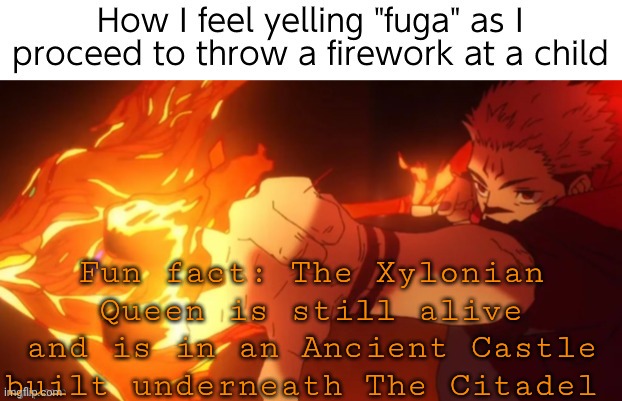 She's also protected by the Spirits of her former guards even tho they're dead | Fun fact: The Xylonian Queen is still alive and is in an Ancient Castle built underneath The Citadel | made w/ Imgflip meme maker