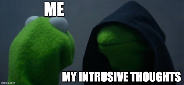 Random meme 2918.1987 | ME; MY INTRUSIVE THOUGHTS | image tagged in memes,evil kermit | made w/ Imgflip meme maker