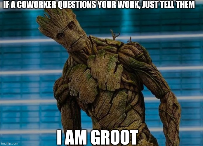 I am Groot | IF A COWORKER QUESTIONS YOUR WORK, JUST TELL THEM; I AM GROOT | image tagged in memes,i am groot,groot | made w/ Imgflip meme maker